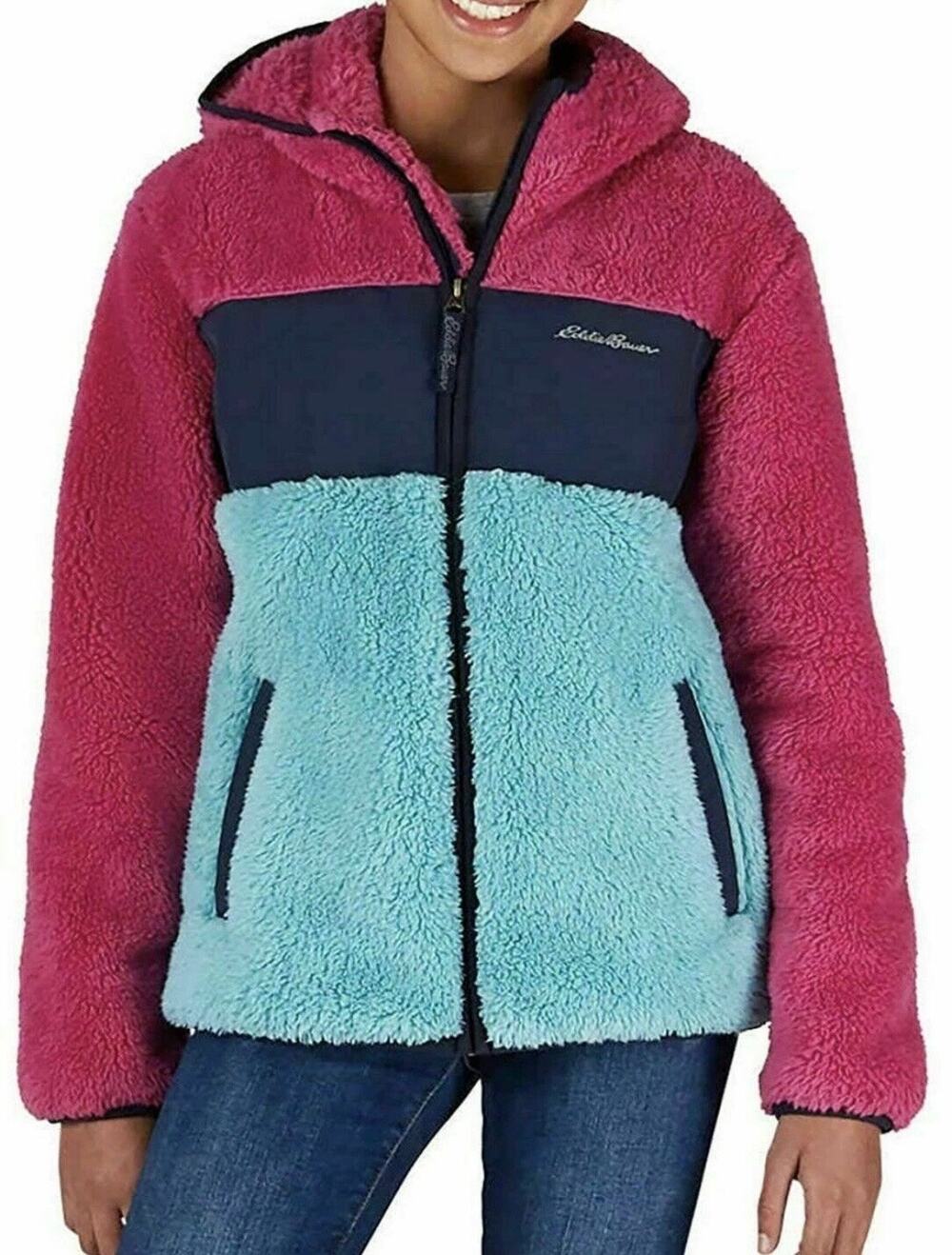 Eddie Bauer Girls Jacket Fuzzy Fleece ColorBlock Sz 14/16 Large Pink Blue Hood